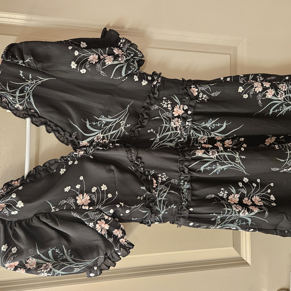 Chic Black and Pink Floral Jumpsuit with Cinched Waist